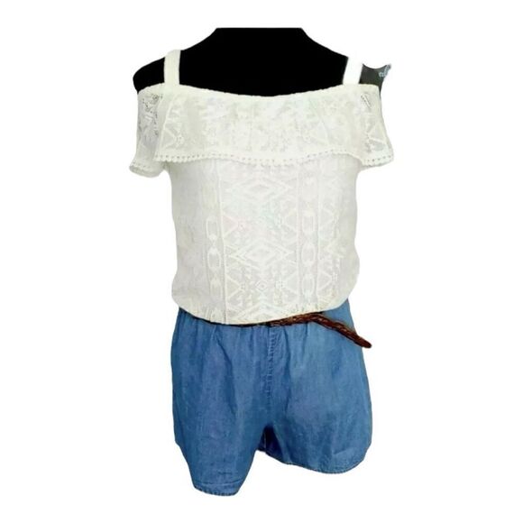 My Michelle Girls Romper Large Blue Denim Jumper Cold Shoulder Elastic Waist - Picture 1 of 10